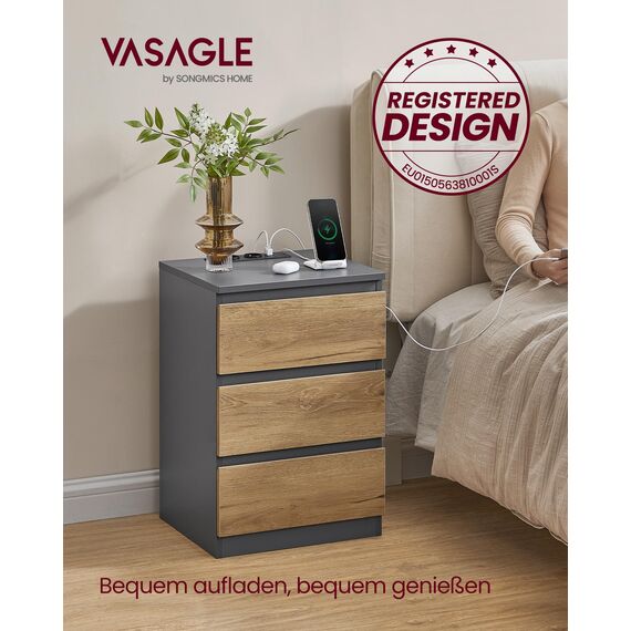 VASAGLE Kailyn Collection - Nachttisch mit Steckdosenleiste, 2er Set, Beistelltisch, 3 Schubladen, 2 AC-Steckdosen, 2 USB-A-Anschlüsse, modern, schiefergrau-naturbraun LET831G01