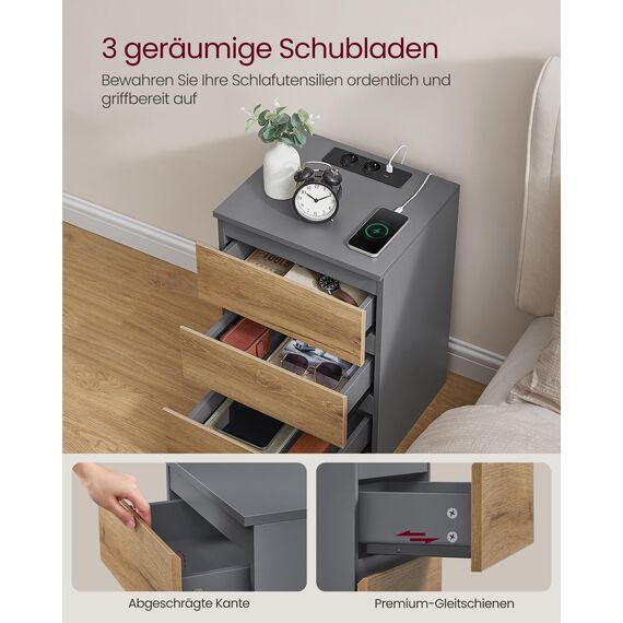 VASAGLE Kailyn Collection - Nachttisch mit Steckdosenleiste, 2er Set, Beistelltisch, 3 Schubladen, 2 AC-Steckdosen, 2 USB-A-Anschlüsse, modern, schiefergrau-naturbraun LET831G01