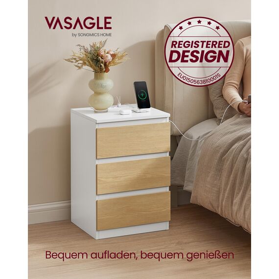 VASAGLE Kailyn Collection - Nachttisch mit Steckdosenleiste, 2er Set, Beistelltisch, 3 Schubladen, 2 AC-Steckdosen, 2 USB-A-Anschlüsse, modern, wolkenweiß-mandelgelb LET831Y01