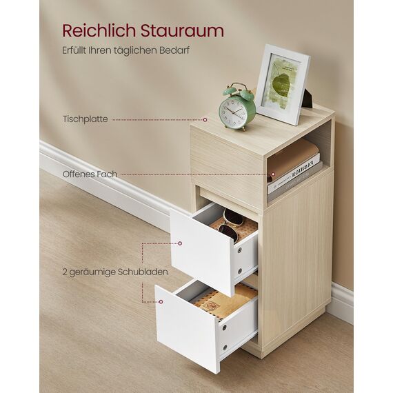 VASAGLE Kailyn Kollektion - Nachttisch, schmal, Beistelltisch 2 Schubladen, offenes Fach nach Links oder rechts flexibel montierbar, Schlafzimmer Wohnzimmer, naturbeige-wolkenweiß LET656N01