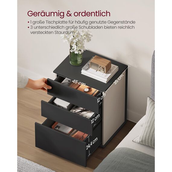 VASAGLE Nachttisch 2er Set, superschnelle werkzeuglose Montage, Toolless-Technologie, Beistelltisch 3 Schubladen, Nachtschrank, Schlafzimmer, Wohnzimmer, tintenschwarz-cappuccinobeige LET779B01