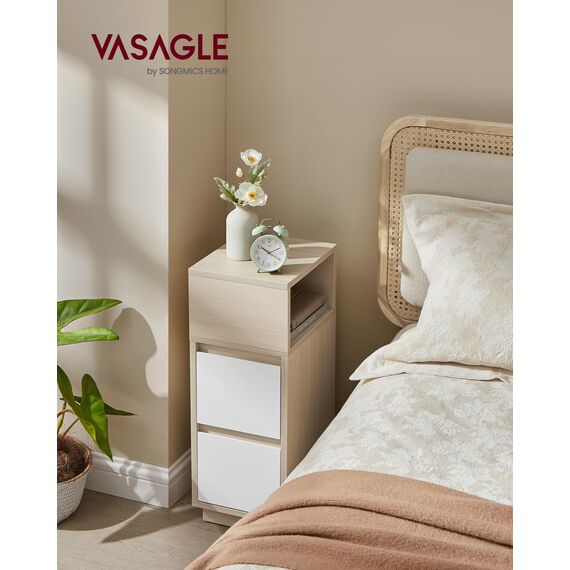 VASAGLE Kailyn Kollektion - Nachttisch, schmal, Beistelltisch 2 Schubladen, offenes Fach nach Links oder rechts flexibel montierbar, Schlafzimmer Wohnzimmer, naturbeige-wolkenweiß LET656N01
