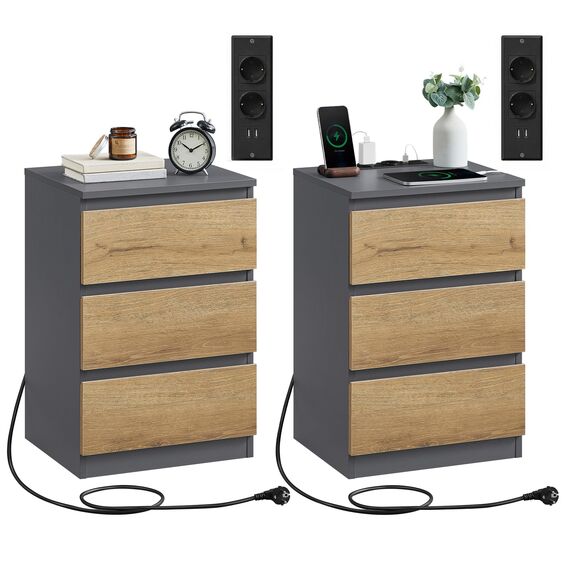 VASAGLE Kailyn Collection - Nachttisch mit Steckdosenleiste, 2er Set, Beistelltisch, 3 Schubladen, 2 AC-Steckdosen, 2 USB-A-Anschlüsse, modern, schiefergrau-naturbraun LET831G01
