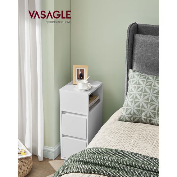 VASAGLE Nachttisch, schmal, Beistelltisch mit 2 Schubladen, offenes Fach nach Links oder rechts flexibel montierbar, für Schlafzimmer, Wohnzimmer, wolkenweiß LET656W01