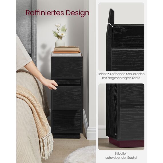 VASAGLE Kailyn Kollektion - Nachttisch 2er Set, schmal, Beistelltisch 2 Schubladen, offenes Fach nach Links oder rechts flexibel montierbar, Schlafzimmer Wohnzimmer, ebenholzschwarz LET856B56