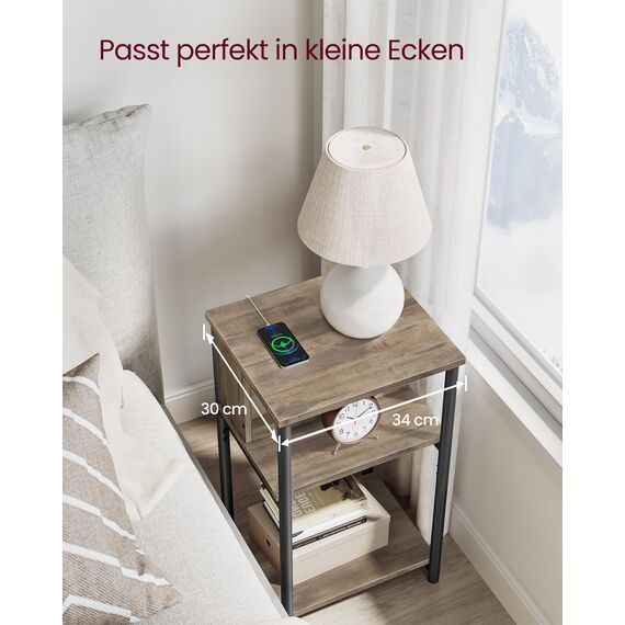 VASAGLE Beistelltisch, Nachttisch mit Steckdose, schmal, 2 AC-Anschlüsse, 2 USB-Anschlüsse, 30 x 34 x 58 cm, für Wohnzimmer, Schlafzimmer, haselnussbraun-schwarz LET375K01