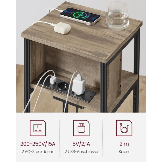 VASAGLE Beistelltisch, Nachttisch mit Steckdose, schmal, 2 AC-Anschlüsse, 2 USB-Anschlüsse, 30 x 34 x 58 cm, für Wohnzimmer, Schlafzimmer, haselnussbraun-schwarz LET375K01