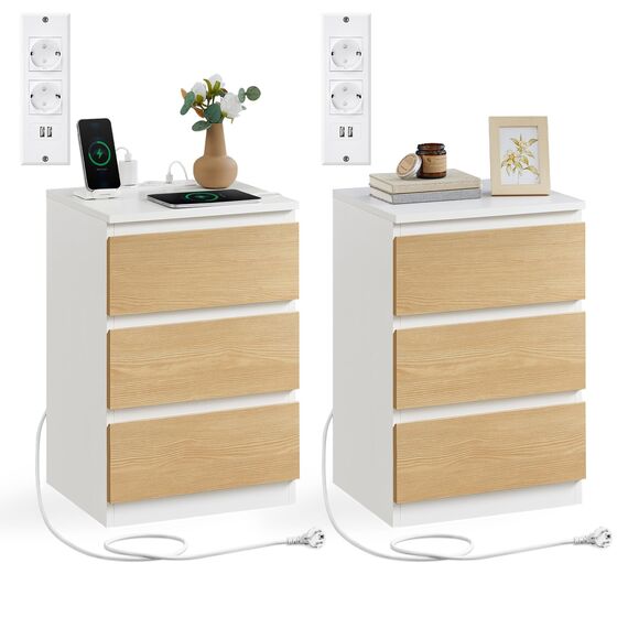 VASAGLE Kailyn Collection - Nachttisch mit Steckdosenleiste, 2er Set, Beistelltisch, 3 Schubladen, 2 AC-Steckdosen, 2 USB-A-Anschlüsse, modern, wolkenweiß-mandelgelb LET831Y01