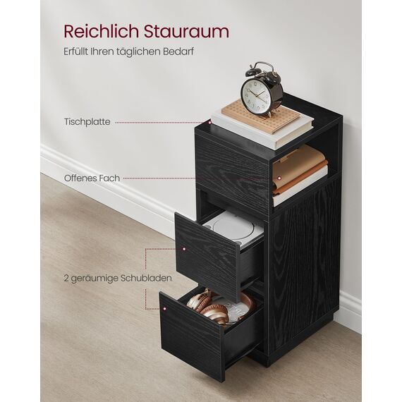 VASAGLE Kailyn Kollektion - Nachttisch 2er Set, schmal, Beistelltisch 2 Schubladen, offenes Fach nach Links oder rechts flexibel montierbar, Schlafzimmer Wohnzimmer, ebenholzschwarz LET856B56