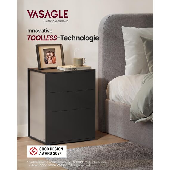 VASAGLE Nachttisch 2er Set, superschnelle werkzeuglose Montage, Toolless-Technologie, Beistelltisch 3 Schubladen, Nachtschrank, Schlafzimmer, Wohnzimmer, tintenschwarz-cappuccinobeige LET779B01