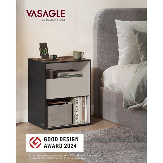 VASAGLE Nachttisch, superschnelle werkzeuglose Montage,Toolless-Technologie, Beistelltisch mit Ladefunktion, Nachtschrank mit Schublade, Schlafzimmer, tintenschwarz-cappuccinobeige LET777B04
