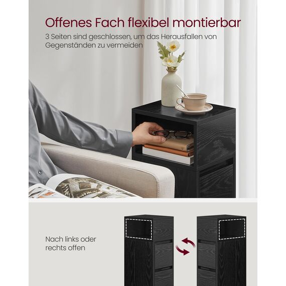 VASAGLE Kailyn Kollektion - Nachttisch 2er Set, schmal, Beistelltisch 2 Schubladen, offenes Fach nach Links oder rechts flexibel montierbar, Schlafzimmer Wohnzimmer, ebenholzschwarz LET856B56