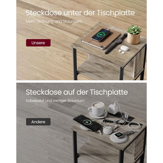 VASAGLE Beistelltisch, Nachttisch mit Steckdose, schmal, 2 AC-Anschlüsse, 2 USB-Anschlüsse, 30 x 34 x 58 cm, für Wohnzimmer, Schlafzimmer, haselnussbraun-schwarz LET375K01