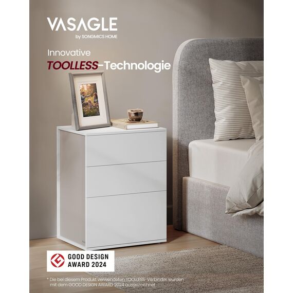 VASAGLE Nachttisch 2er Set, superschnelle werkzeuglose Montage, Toolless-Technologie, Beistelltisch 3 Schubladen, Nachtschrank, Schlafzimmer, Wohnzimmer, mattweiß-cappuccinobeige LET779W01