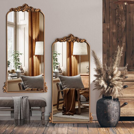 WAMIRRO Gewölbter Spiegel, Vintage, schwarz, traditioneller Vintage-Barockspiegel, antiker Messingspiegel für Eingang/Kamin/Wohnzimmer/Flur/Badezimmer, 55,9 x 121,9 cm, Gold