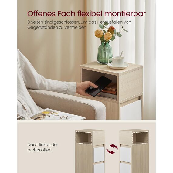 VASAGLE Kailyn Kollektion - Nachttisch, schmal, Beistelltisch 2 Schubladen, offenes Fach nach Links oder rechts flexibel montierbar, Schlafzimmer Wohnzimmer, naturbeige-wolkenweiß LET656N01