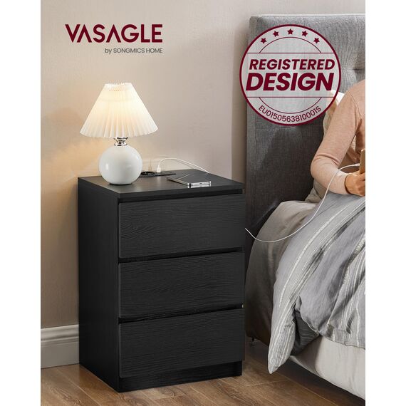 VASAGLE Kailyn Kollektion - Nachttisch mit Steckdosenleiste, Beistelltisch, 3 Schubladen, 2 AC-Steckdosen, 2 USB-A-Anschlüsse, modern, ebenholzschwarz LET631B56