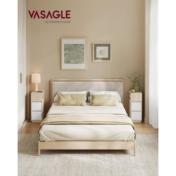 VASAGLE Kailyn Kollektion - Nachttisch 2er Set, schmal, Beistelltisch 2 Schubladen, offenes Fach nach Links oder rechts flexibel montierbar, Schlafzimmer Wohnzimmer, naturbeige-wolkenweiß LET856N01