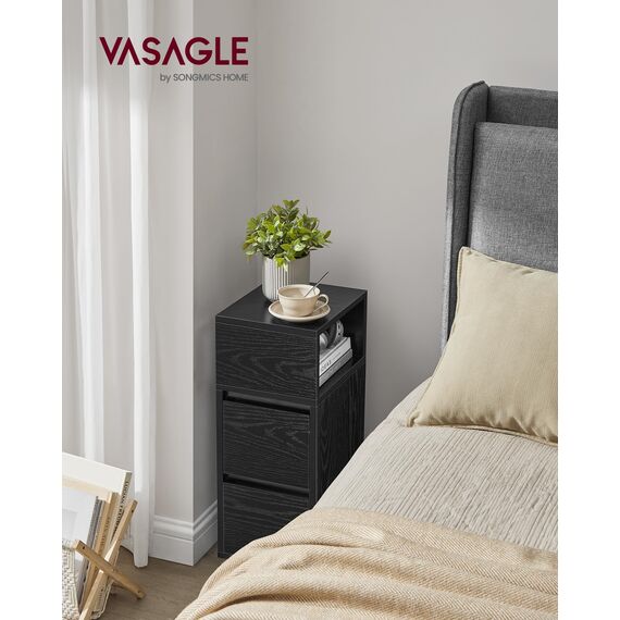 VASAGLE Kailyn Kollektion - Nachttisch, schmal, Beistelltisch 2 Schubladen, offenes Fach nach Links oder rechts flexibel montierbar, Schlafzimmer Wohnzimmer, ebenholzschwarz LET656B56