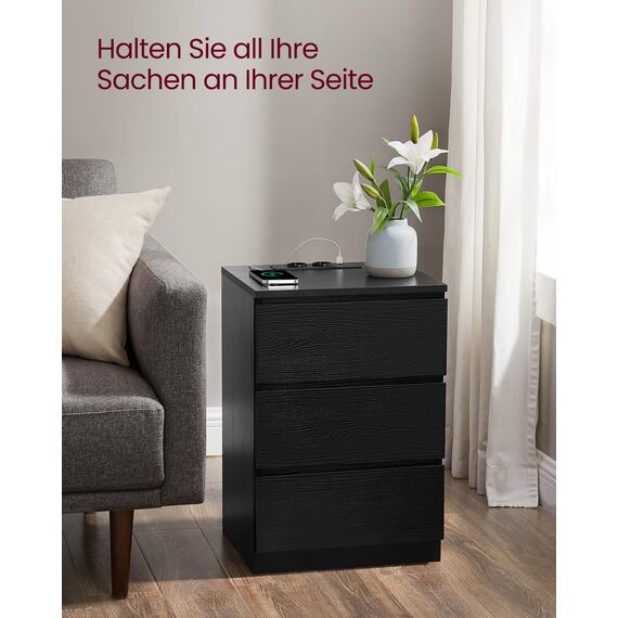 VASAGLE Kailyn Kollektion - Nachttisch mit Steckdosenleiste, Beistelltisch, 3 Schubladen, 2 AC-Steckdosen, 2 USB-A-Anschlüsse, modern, ebenholzschwarz LET631B56