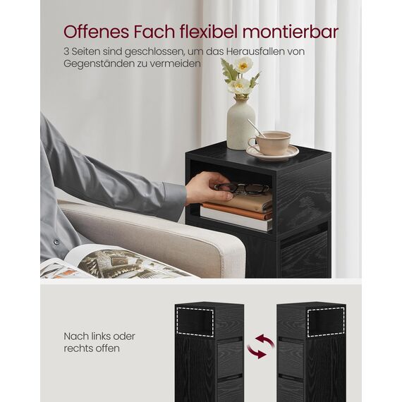 VASAGLE Kailyn Kollektion - Nachttisch, schmal, Beistelltisch 2 Schubladen, offenes Fach nach Links oder rechts flexibel montierbar, Schlafzimmer Wohnzimmer, ebenholzschwarz LET656B56