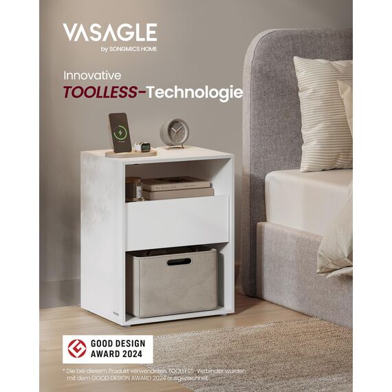 VASAGLE Nachttisch 2er Set, Superschnelle werkzeuglose Montage, Toolless-Technologie, Nachtschrank mit Schublade und Ladefunktion, Beistelltisch mit Steckdose, 35 x 45 x 58,3 cm, Wolkenweiß LET776W01