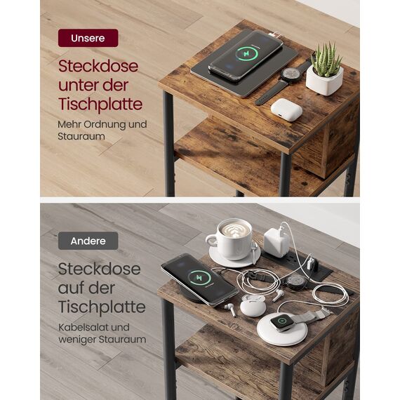 VASAGLE Beistelltisch, Nachttisch mit Steckdose, schmal, 2 AC-Anschlüsse, 2 USB-Anschlüsse, 30 x 34 x 58 cm, für Wohnzimmer, Schlafzimmer, vintagebraun-schwarz LET375B01