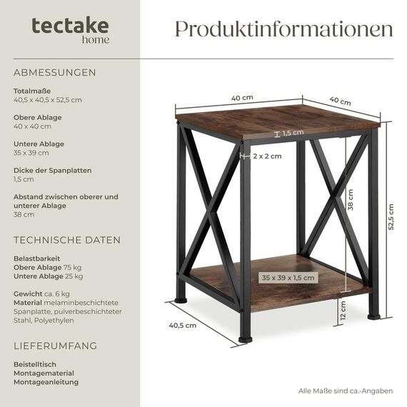 tectake® Industrial Möbel, Beistelltisch Holz und Metall, Schlafzimmer Nachttisch mit 2 Ebenen, Couchtisch mit X-Streben, Wohnzimmertisch, Beistelltisch Couch - Industrial Holz dunkel, rustikal