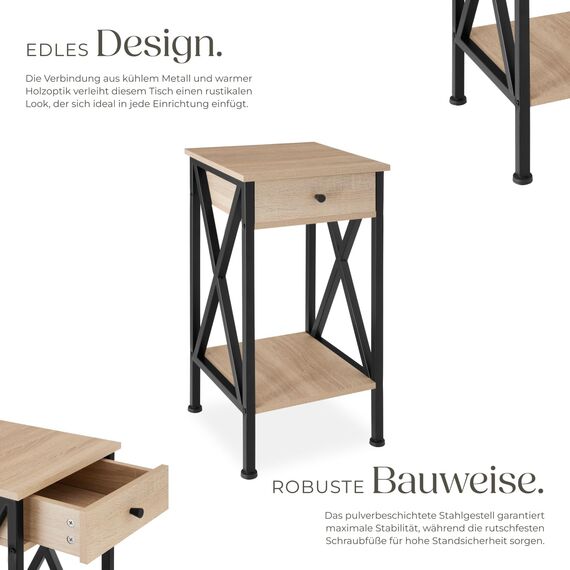 tectake® Industrial Möbel, Beistelltisch mit Schublade, Couchtisch mit Ablageflächen, Nachttisch schmal Schlafzimmer Deko,35 x 35 x 70,5 cm, Wohnzimmer Möbel - Industrial Holz hell, Eiche Sonoma