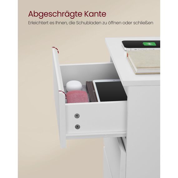 VASAGLE Kailyn Kollektion - Nachttisch mit Steckdosenleiste, Beistelltisch, 3 Schubladen, 2 AC-Steckdosen, 2 USB-A-Anschlüsse, modern, wolkenweiß LET631W14