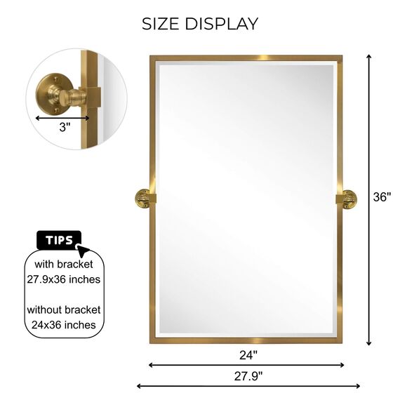 TEHOME Badezimmerspiegel, rechteckig, gebürstetes Metall, schwenkbar, abgeschrägt, abgeschrägt, für die Wand, 71,4 x 91,4 cm, gebürstetes Gold