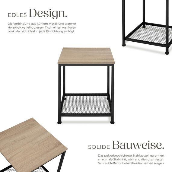 tectake® Beistelltisch Holz & Metall, Couchtisch mit Stauraum auf Zwei Ebenen, Kleiner Tisch 45,5 x 45,5 x 55,5 cm, Betttisch Deko Schlafzimmer, Couch Tisch, Industrial Holz hell, Eiche Sonoma