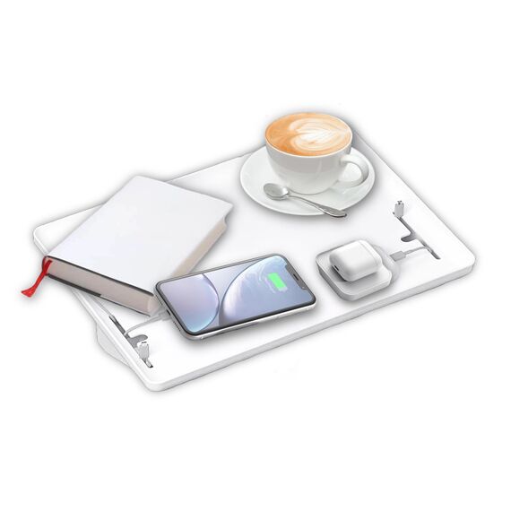 Lacusmall Nachttisch Regal, Tablett Nachttischregal Regal für Bett Bettablage zum Einhängen mit Kabelführung, Clip-On-Nachttisch, Tablett-Organizer ca.: 32 * 23.5cm, Weiß