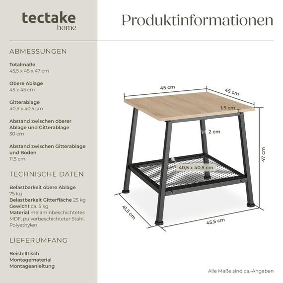 tectake® Beistelltisch Holz Metall, Couchtisch mit Stauraum, Nachttisch mit Gitterablage, Wohnzimmertisch 45,5 x 45 x 47 cm, Blumenständer, Beistelltisch Couch - Industrial Holz hell, Eiche Sonoma