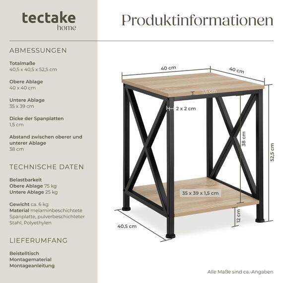 tectake® Industrial Möbel, Beistelltisch Holz und Metall, Schlafzimmer Nachttisch mit 2 Ebenen, Couchtisch mit X-Streben, Wohnzimmertisch, Beistelltisch Couch - Industrial Holz hell, Eiche Sonoma