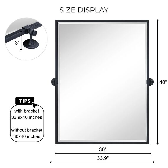 TEHOME Schwenkspiegel, 76,2 x 101,6 cm, mattschwarz, quadratischer Rand, rechteckig, neigbar, abgeschrägt, Kosmetikspiegel für Wand, 101,6 x 76,2 cm