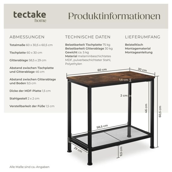 tectake® Beistelltisch Holz + Metall, Nachttisch schmal, Couchtisch mit Gitterablage, Konsolentisch, Tisch Wohnzimmer, Deko Schlafzimmer, Blumenständer - Industrial Holz dunkel, rustikal