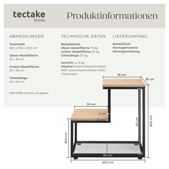 tectake® Industrial Beistelltisch Holz + Metall, Couchtisch 60,5 x 35,5 x 60,5 cm, Deko Wohnzimmer, Blumenständer, Pflanzenständer, Beistelltisch Couch, Nachttisch - Industrial Holz hell, Eiche Sonoma