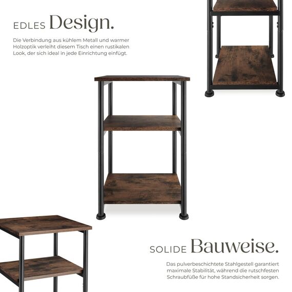 tectake® Beistelltisch, Couchtisch mit Stauraum auf 3 Ebenen aus Holz + Metall, Nachttisch 34 x 30 x 59 cm, Couch Tisch Wohnzimmer Möbel, Deko Schlafzimmer - Industrial Dunkelbraun