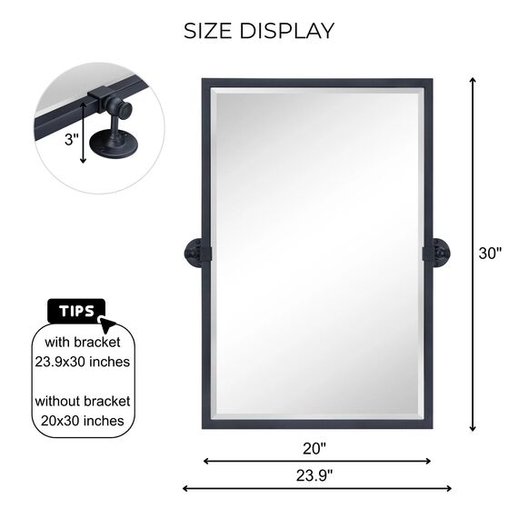 TEHOME 50,8 x 76,2 cm schwenkbarer Badezimmerspiegel, rechteckig, mit Metallrahmen, abgeschrägt, Schwarz