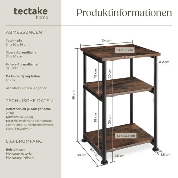 tectake® Beistelltisch, Couchtisch mit Stauraum auf 3 Ebenen aus Holz + Metall, Nachttisch 34 x 30 x 59 cm, Couch Tisch Wohnzimmer Möbel, Deko Schlafzimmer - Industrial Dunkelbraun