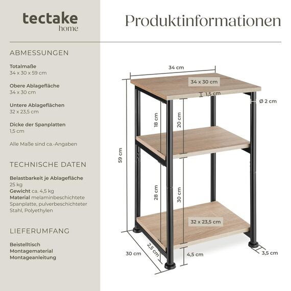 tectake® Beistelltisch, Couchtisch mit Stauraum auf 3 Ebenen aus Holz + Metall, Nachttisch 34 x 30 x 59 cm, Couch Tisch Wohnzimmer Möbel, Deko Schlafzimmer - Industrial Holz hell, Eiche Sonoma