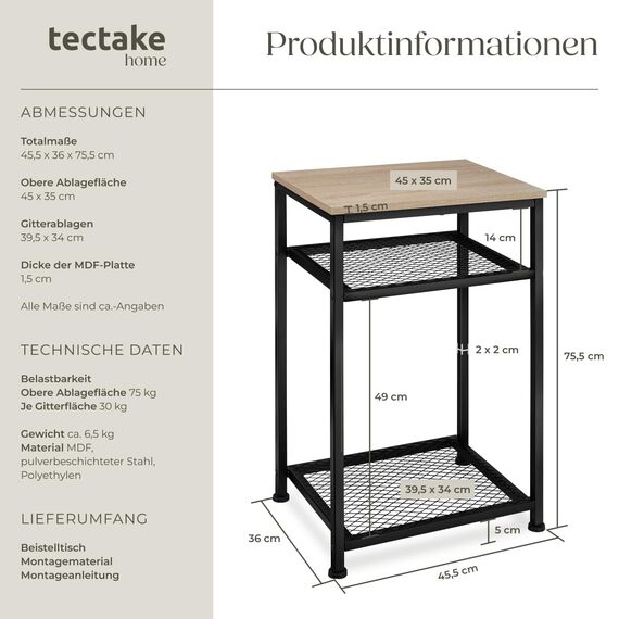 tectake® Beistelltisch Holz und Metall, Couchtisch mit Stauraum auf 3 Ebenen, Tisch Deko Wohnzimmer Möbel, Blumenständer, Deko Schlafzimmer, Beistelltisch Couch - Industrial Holz hell, Eiche Sonoma