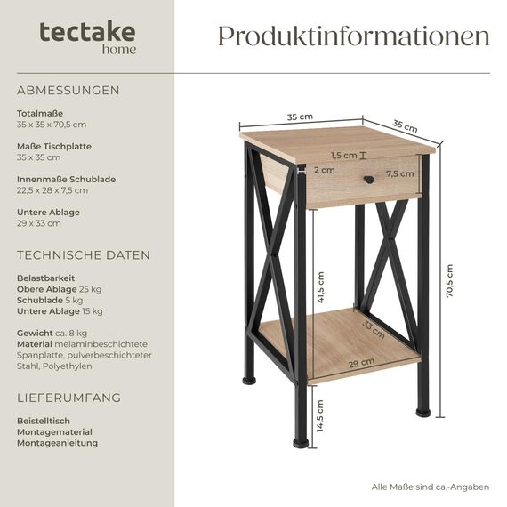 tectake® Industrial Möbel, Beistelltisch mit Schublade, Couchtisch mit Ablageflächen, Nachttisch schmal Schlafzimmer Deko,35 x 35 x 70,5 cm, Wohnzimmer Möbel - Industrial Holz hell, Eiche Sonoma