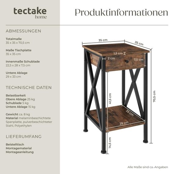 tectake® Industrial Möbel, Beistelltisch mit Schublade, Couchtisch mit Ablageflächen, Nachttisch schmal Schlafzimmer Deko,35 x 35 x 70,5 cm, Wohnzimmer Möbel - Industrial dunkel, rustikal