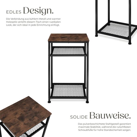 tectake® Beistelltisch Holz und Metall, Couchtisch mit Stauraum auf 3 Ebenen, Tisch Deko Wohnzimmer Möbel, Blumenständer, Deko Schlafzimmer, Beistelltisch Couch - Industrial Dunkelbraun