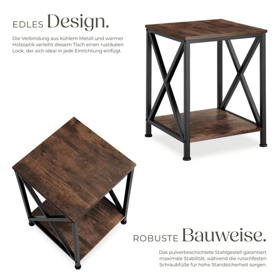 tectake® Industrial Möbel, Beistelltisch Holz und Metall, Schlafzimmer Nachttisch mit 2 Ebenen, Couchtisch mit X-Streben, Wohnzimmertisch, Beistelltisch Couch - Industrial Holz dunkel, rustikal