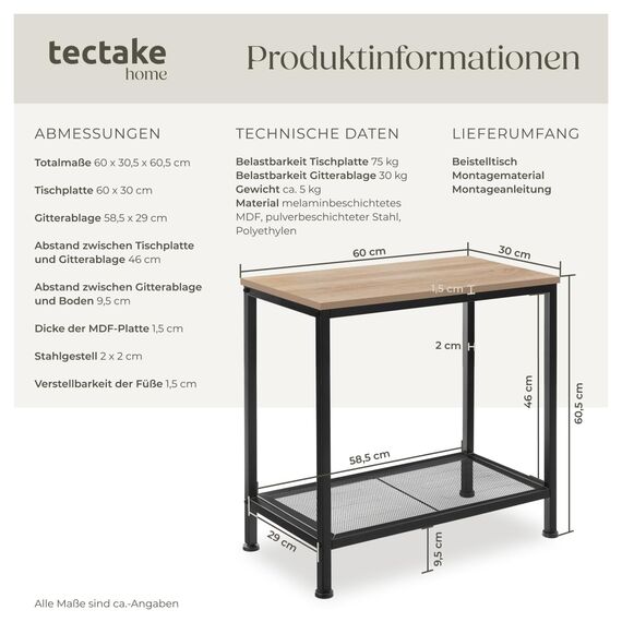 tectake® Beistelltisch Holz + Metall, Nachttisch schmal, Couchtisch mit Gitterablage, Konsolentisch, Tisch Wohnzimmer, Deko Schlafzimmer, Blumenständer - Industrial Holz hell, Eiche Sonoma