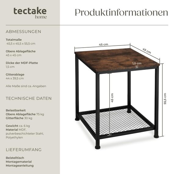 tectake® Beistelltisch Holz & Metall, Couchtisch mit Stauraum auf Zwei Ebenen, Kleiner Tisch 45,5 x 45,5 x 55,5 cm, Betttisch Deko Schlafzimmer, Couch Tisch, Industrial Dunkelbraun