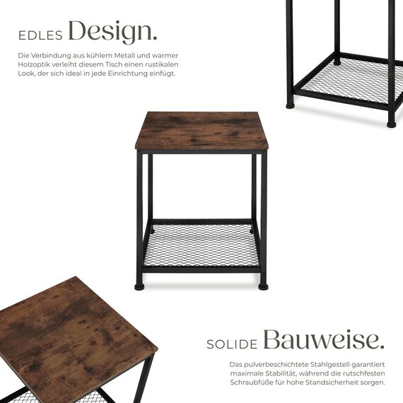 tectake® Beistelltisch Holz & Metall, Couchtisch mit Stauraum auf Zwei Ebenen, Kleiner Tisch 45,5 x 45,5 x 55,5 cm, Betttisch Deko Schlafzimmer, Couch Tisch, Industrial Dunkelbraun